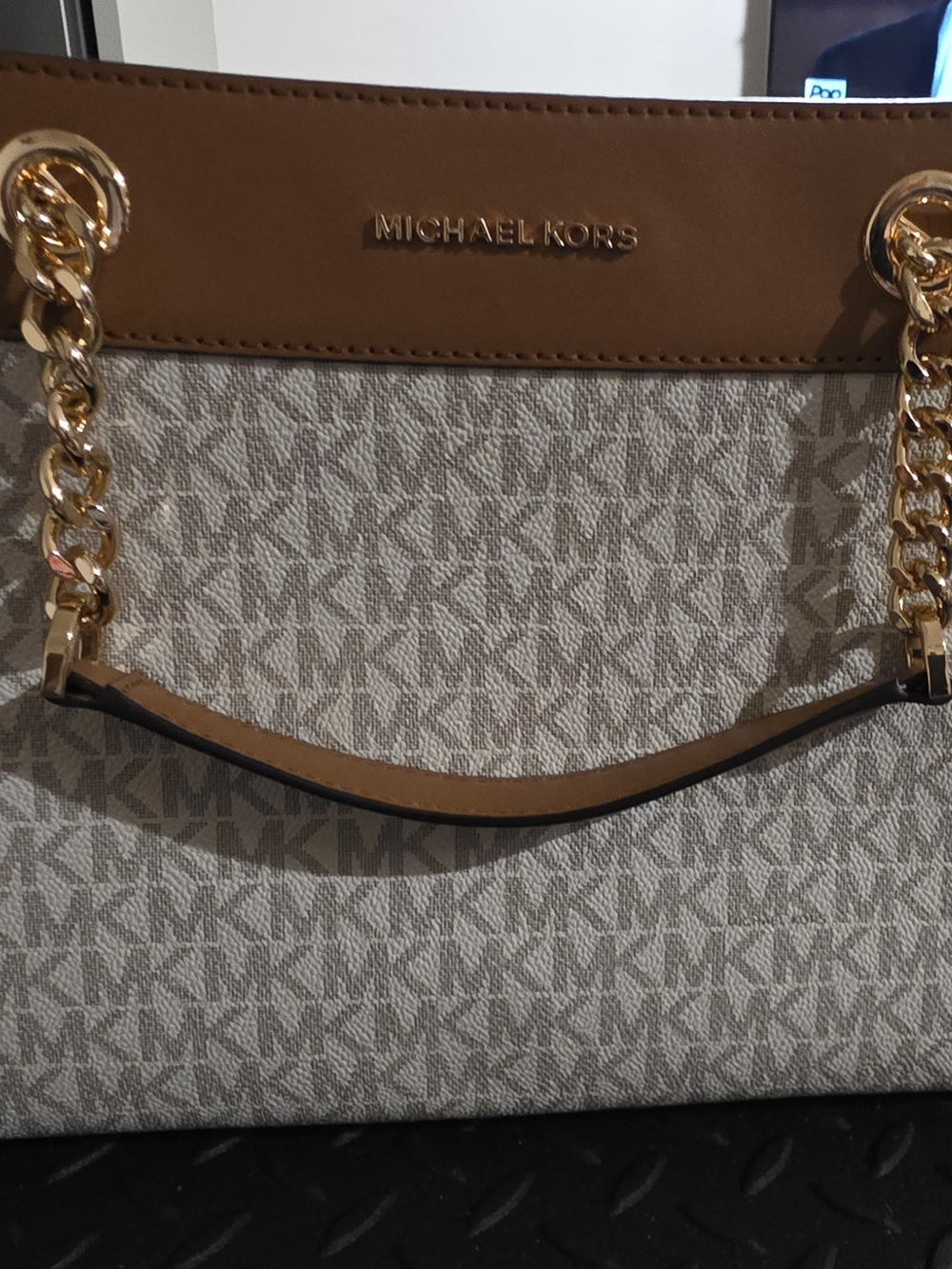 NWOT Michael Kors Beige Signature Tote with Brown Trim and Gold Hardware